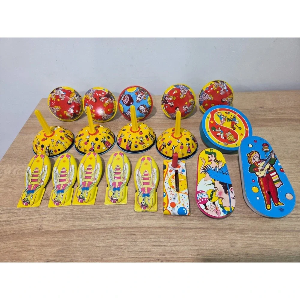 Vintage Tin Noisemaker Large Lot 18 US Metal Toy Mfg Co Clown Cricket Mariachi